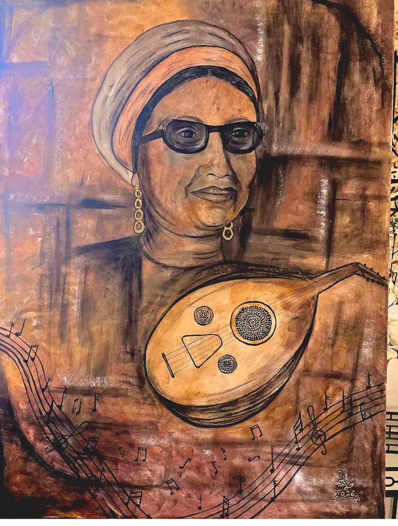 Painting of a singer in a headscarf and dark glasses holding an oud, musical notes flowing across a warm canvas