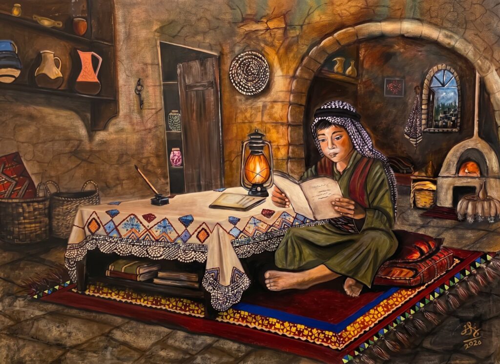 Notebook and A Homeland (كراسة ووطن), painting by Nashwa Shammout, 2020